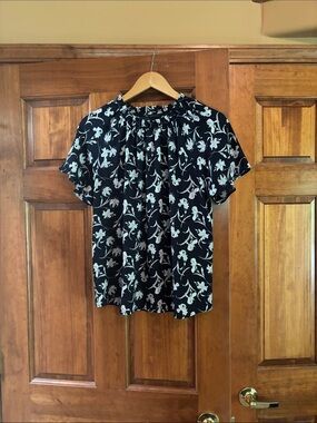 Ann Taylor Black Floral Short-Sleeve Peasant Blouse